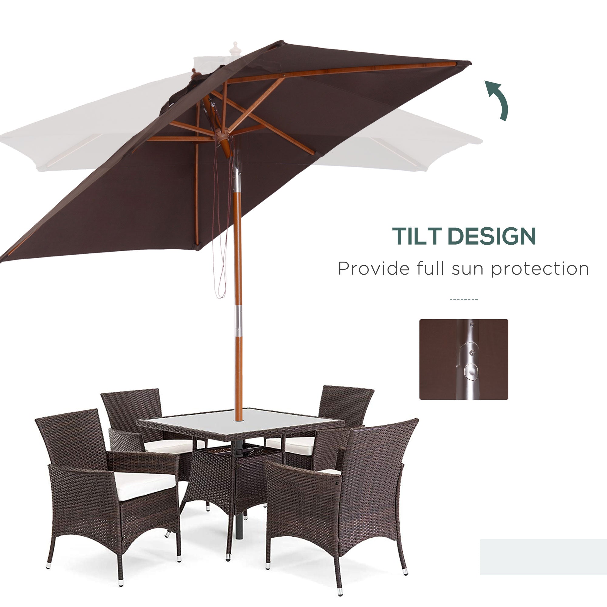 Outsunny 6.6x5ft Square Market Parasol, Wooden Patio Umbrella with Tilt Mechanism and 6 Bamboo Ribs, Garden Sunshade, Coffee