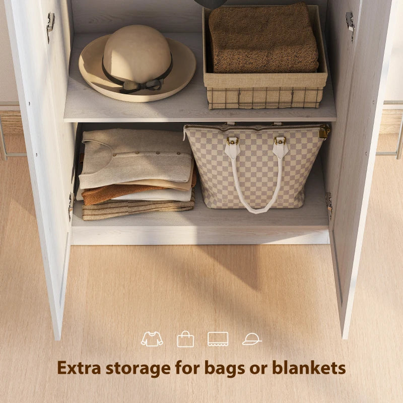 Wardrobe Cabinet with Hanging Rod, Anti-Tipping and 2 Barn Doors, Farmhouse Wardrobe Closet for Bedroom, White Wood Effect