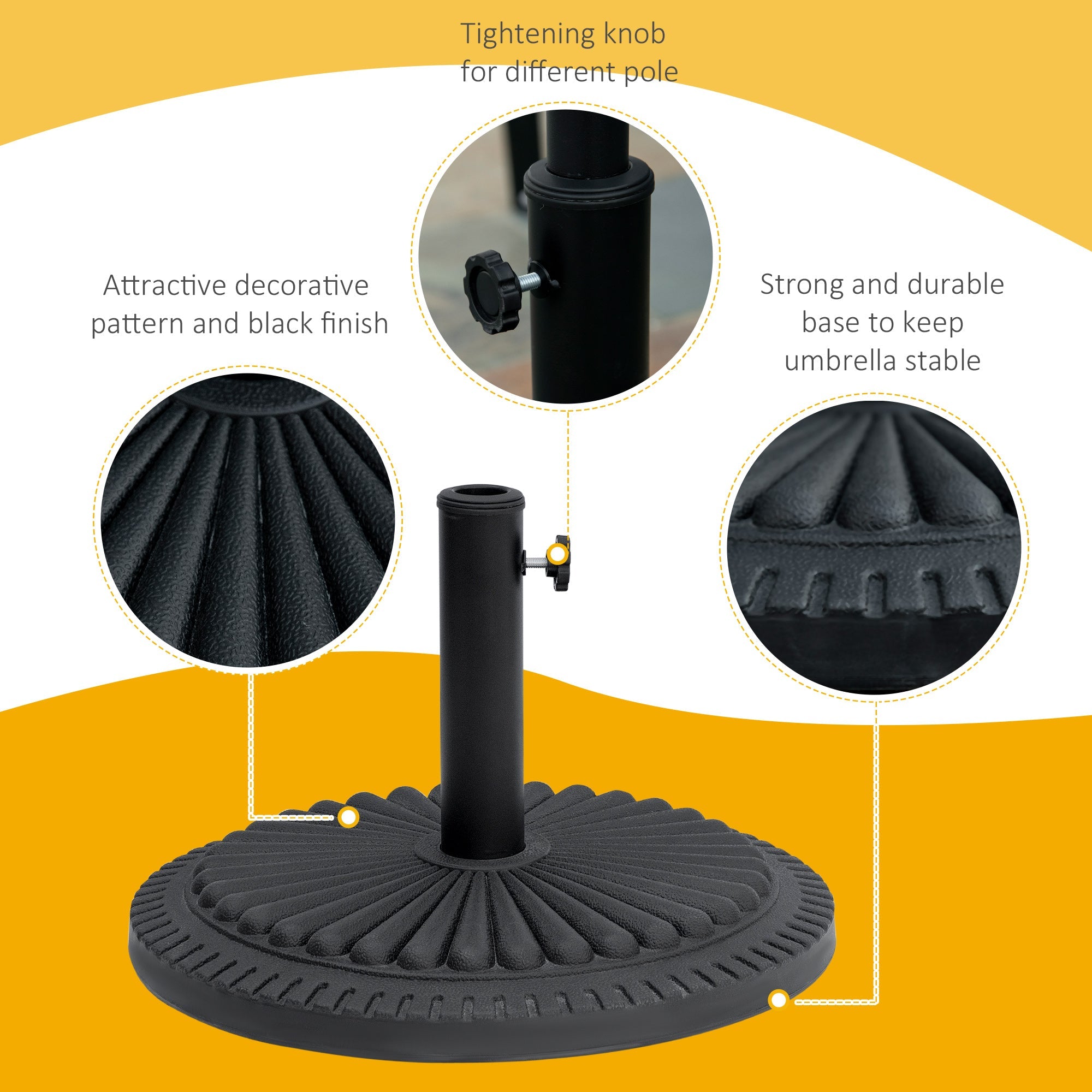 Outsunny Umbrella Base: Round Cement Parasol Stand Fits Φ1.4" Φ1.5" Φ2" Pole for Outdoor Backyard Black