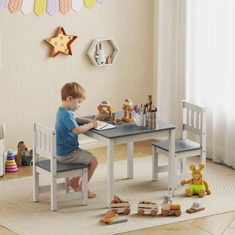 Qaba Kids Table and Chairs Set, Toddler Table and 2 Chair Set for Activity, Art, Craft, Reading, Learning, Grey