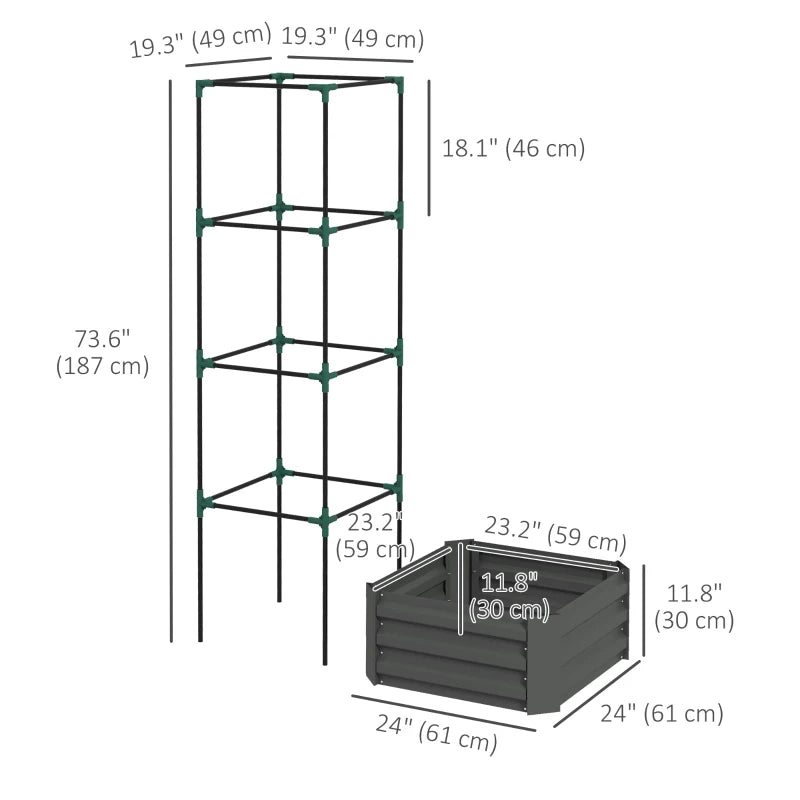 Galvanized Planter Box, Outdoor Raised Garden Bed with 4-Tier Trellis Tomato Cage for Climbing Vines, Vegetables, Grey