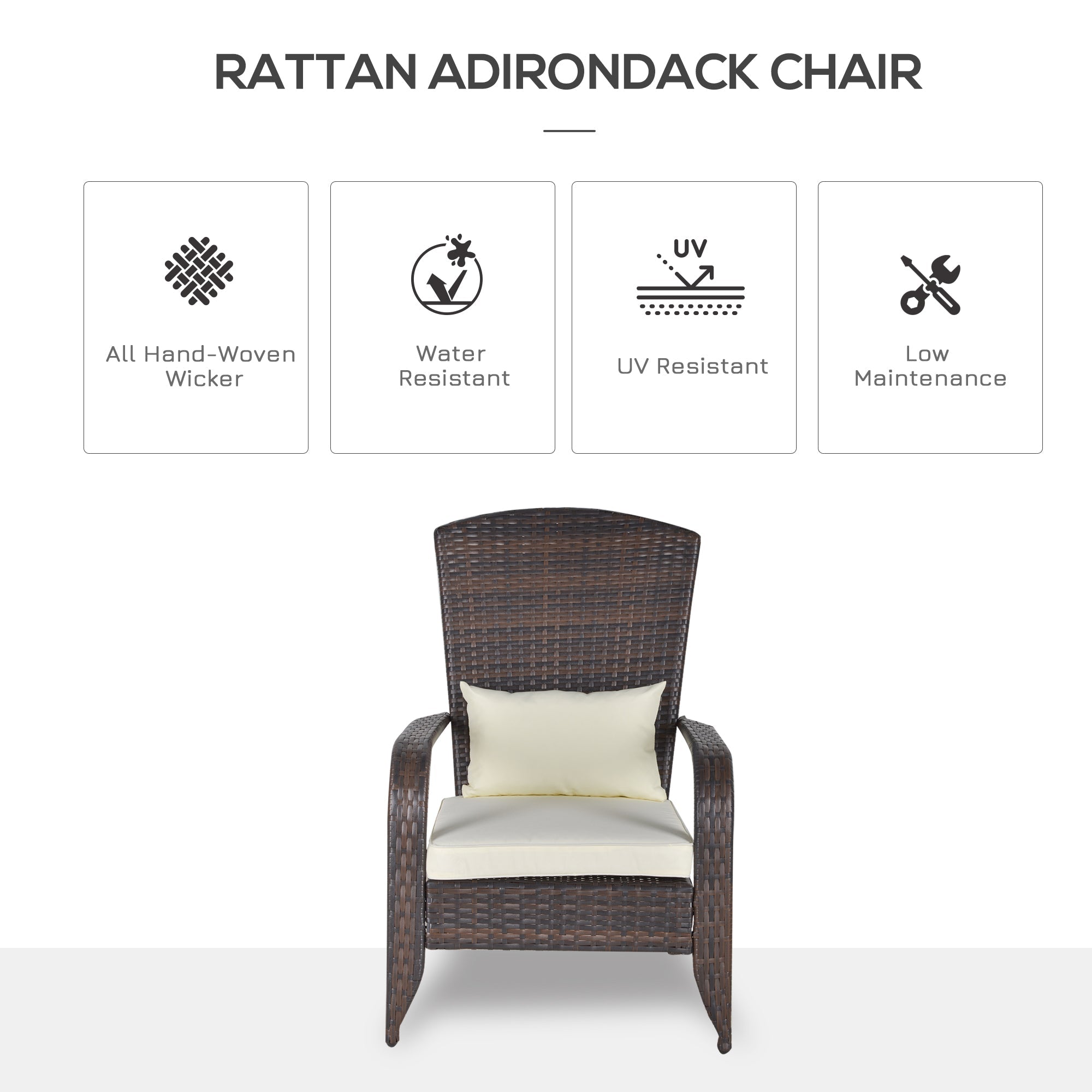 Outsunny White Rattan Adirondack Deck Chair Outdoor Classic Armrest Lounge Chair with Cushion