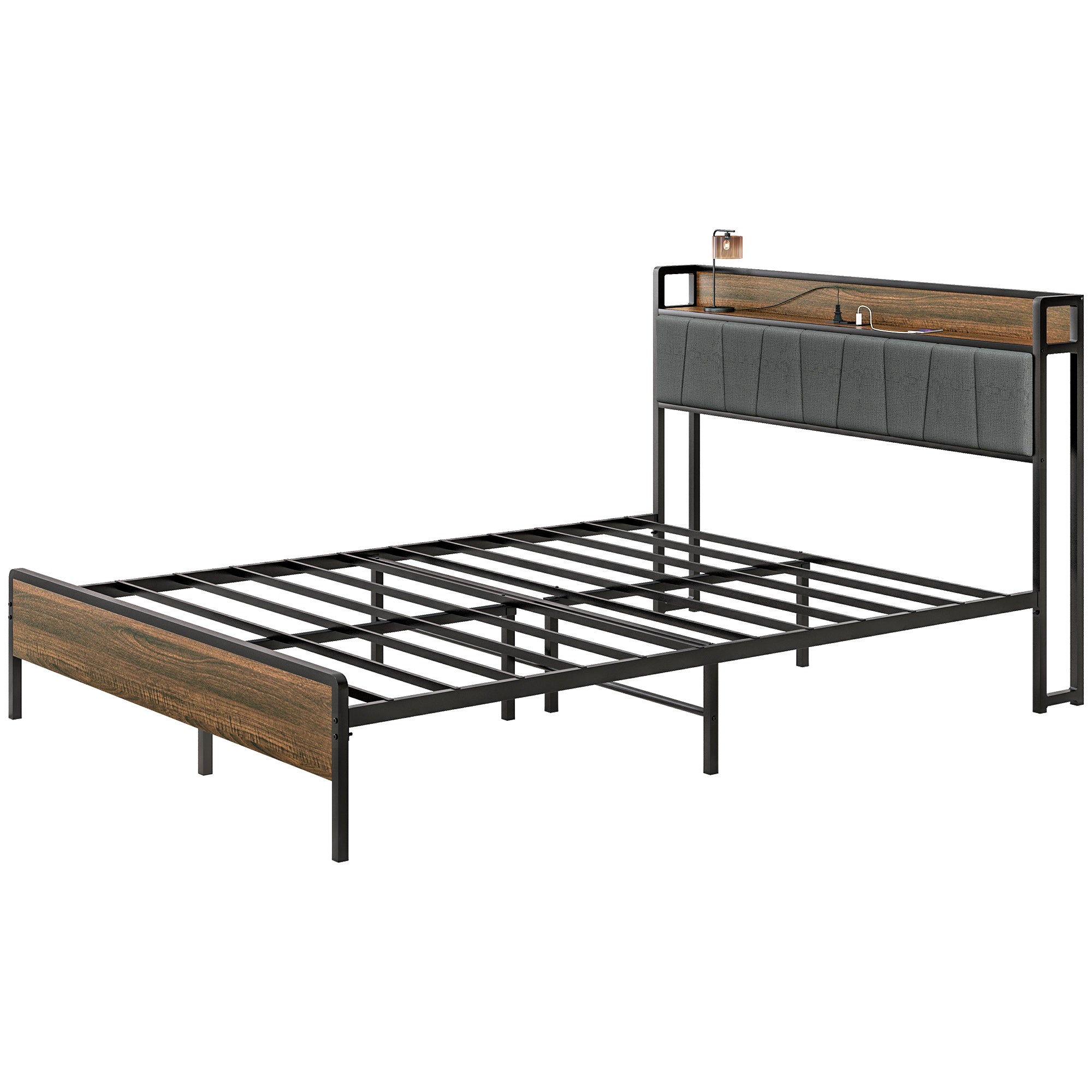HOMCOM Full Size Bed Frame with Charging Station, Full Bed Frame with Upholstered Headboard and Storage Shelf, Walnut