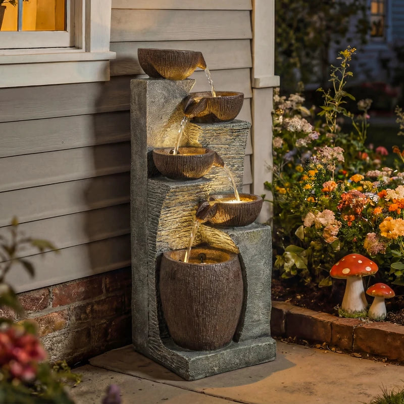 Outdoor Cascading Rock Water Fountain, 5-Tier Waterfall Feature with LED Lights, Adjustable Flow, Grey and Rustic Brown