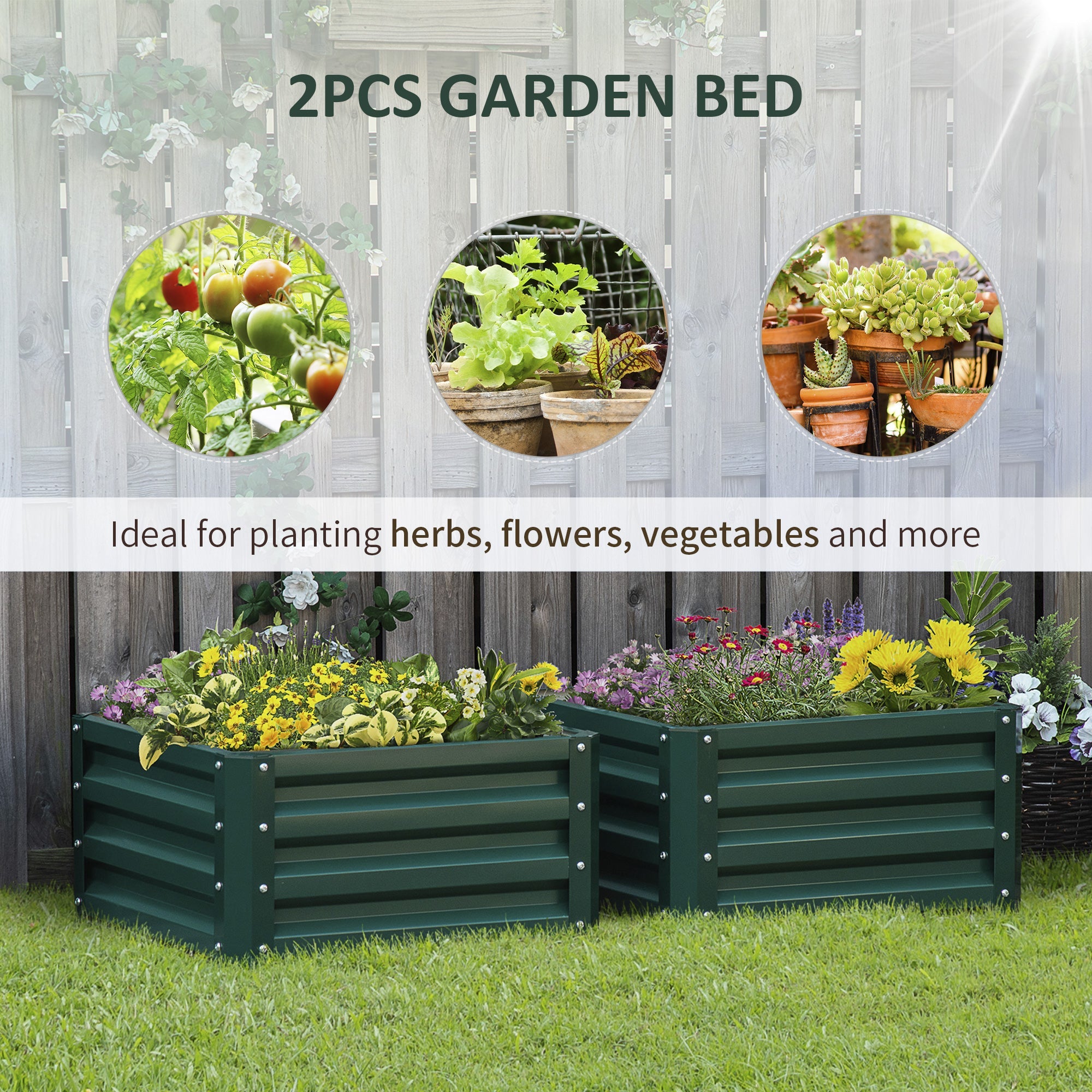 Outsunny 2' x 2' Raised Garden Bed 2-Pieces with Color Steel Frame for Vegetables Flowers Herbs Green