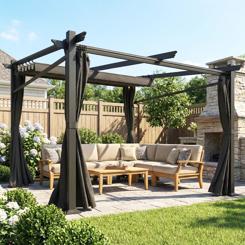 Metal Pergola with Sliding Roof Canopy, Retractable Pergola Canopy, 10' x 10', Black