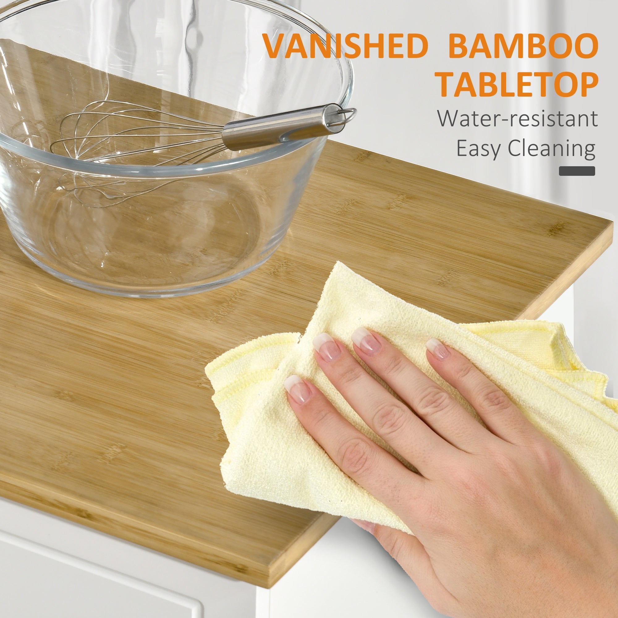 HOMCOM Rolling Kitchen Island: Large Bamboo Top, 2 Cabinets with Drawers & Adjustable Shelves, White