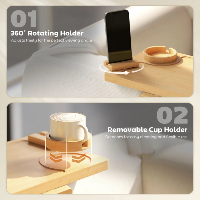 Couch Arm Tray, Clip-On Side Table with 360° Rotating Phone Holder and Removable Cup Holder, Natural