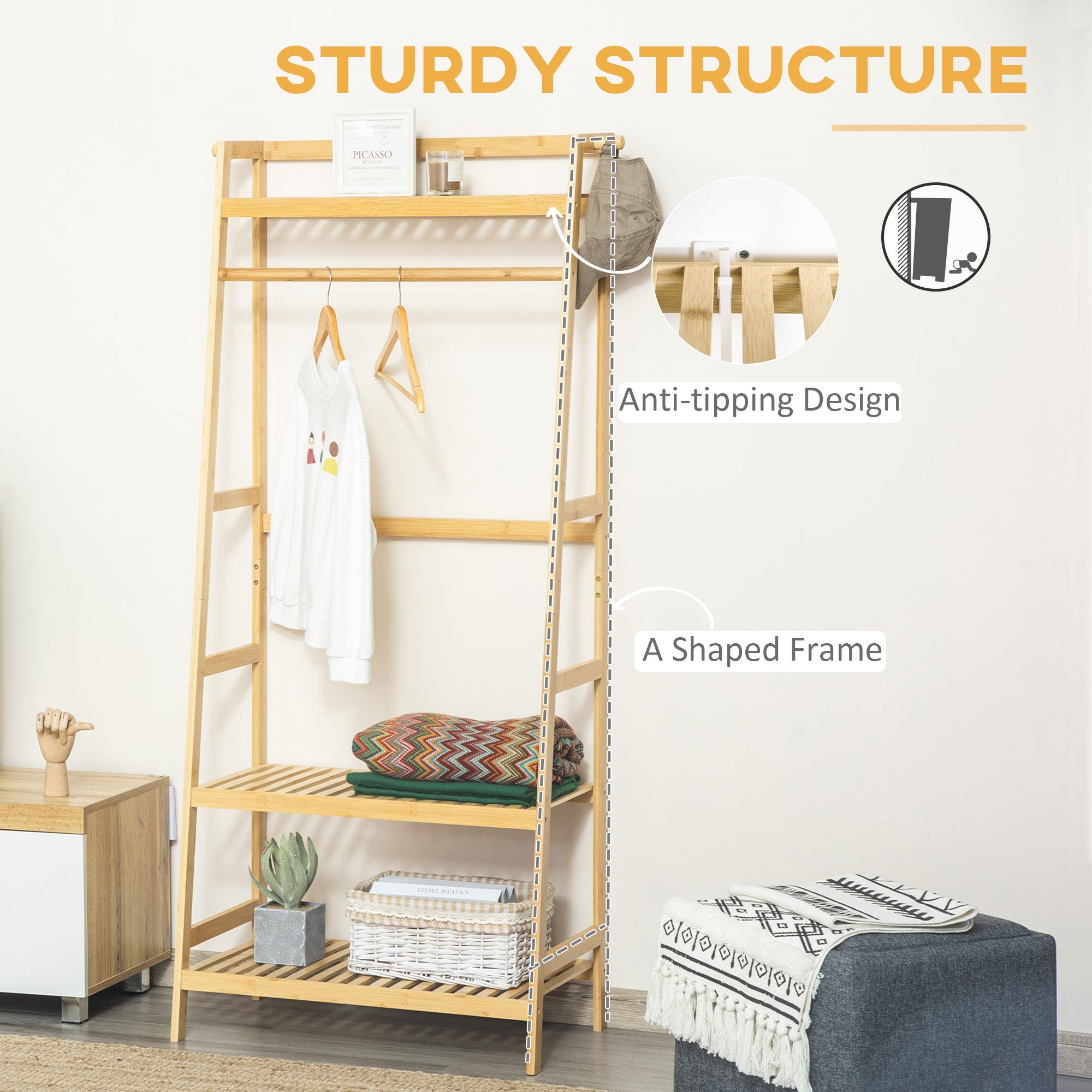 HOMCOM Freestanding Bamboo Garment Rack with 3 Tier Storage Shelves Hooks Hanging Rail for Clothes Natural