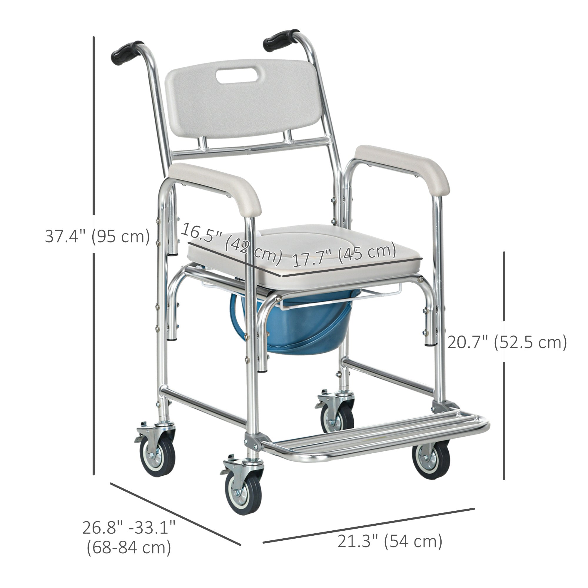 HOMCOM 3-in-1 Shower Commode Wheelchair, Transport Beside Commode Chair with Padded Seat for the Elder, Disabled