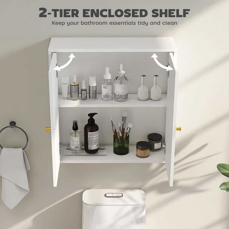 Medicine Cabinet, Modern Bathroom Wall Cabinet with 2 Arched Doors and Gold Handles, White Wood Grain
