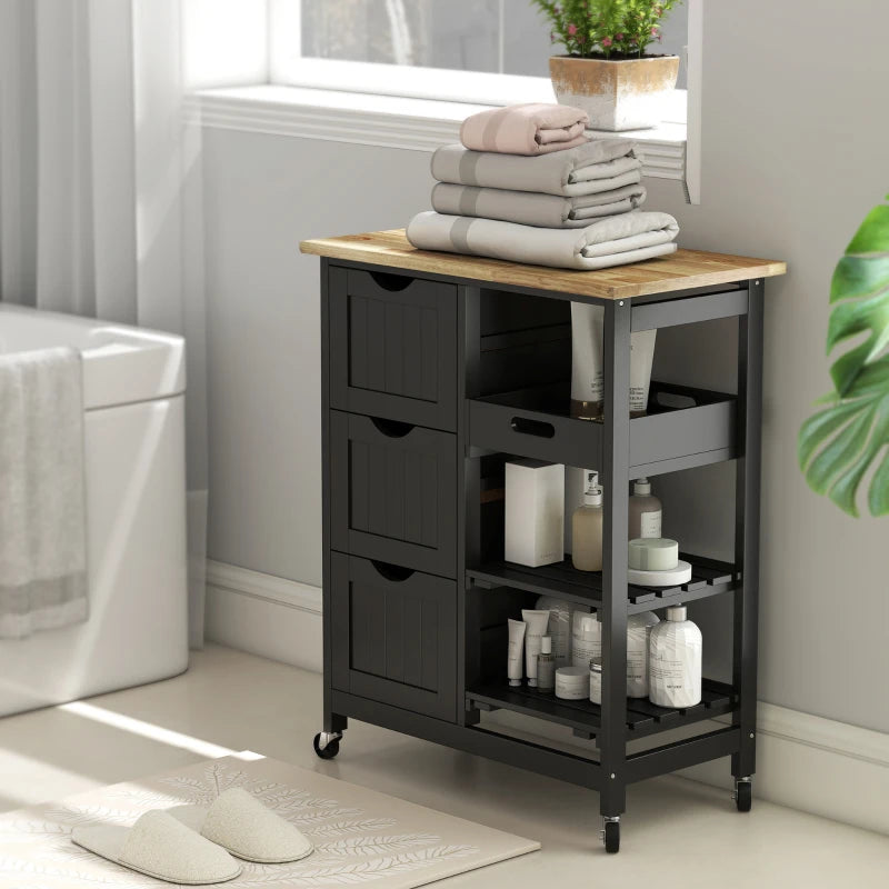 Kitchen Cart on Wheels, Rolling Kitchen Island Cart with Wood Top, 3 Drawers and Shelves for Home Dining Area, Black