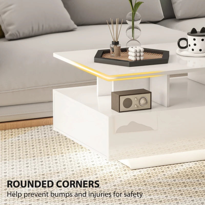 Coffee Table with RGB LED Lights, Modern Living Room Table with 4 Drawers, Open Shelf, Remote Control, High Gloss White