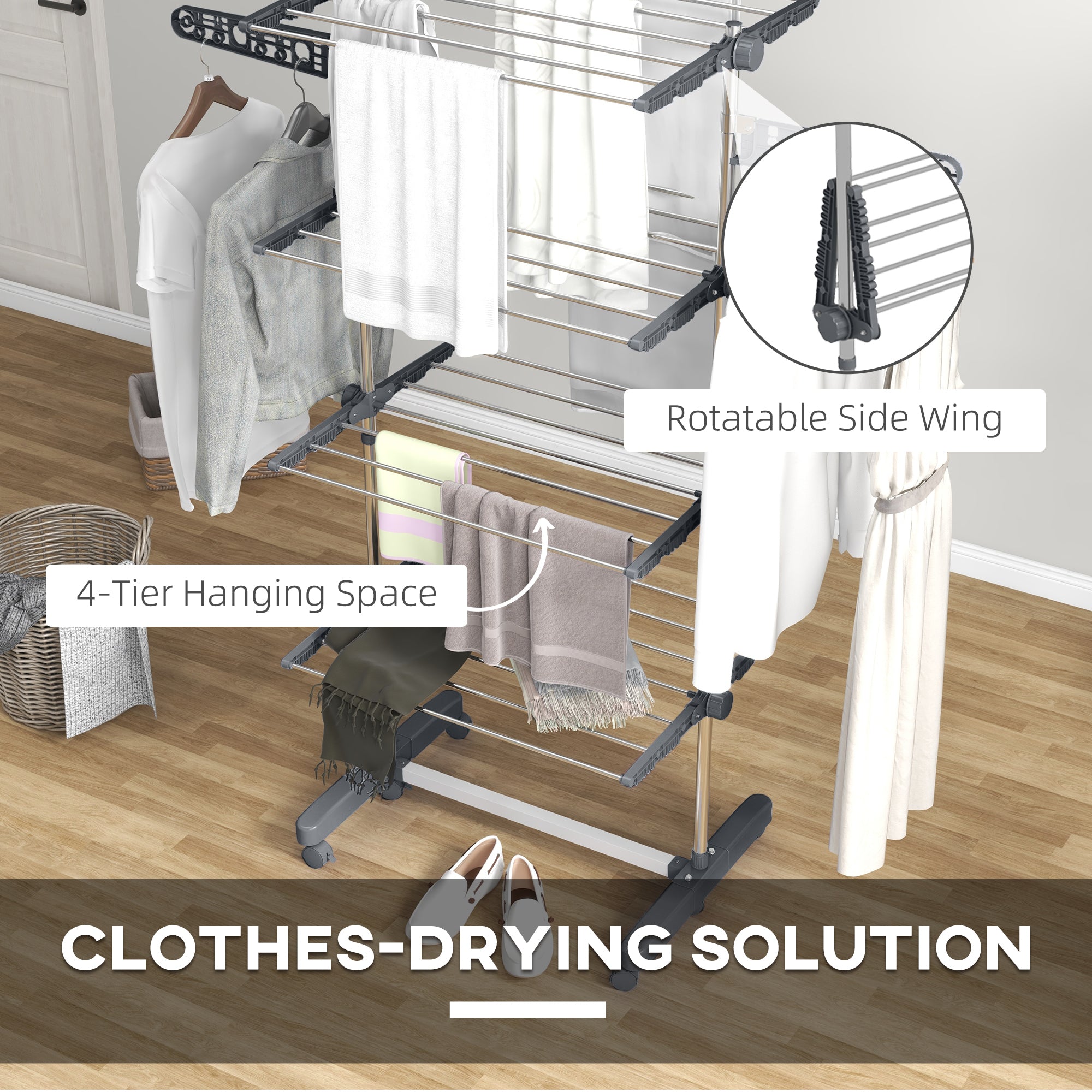 HOMCOM Laundry Rack Drying 4-Tier Stainless Steel Foldable Clothes Airer with Side Wings 6 Castors Grey
