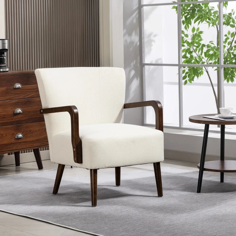 Accent Chair with Wooden Legs, Linen Fabric Armchair with Thick Padding, Comfy Chair for Living Room, Cream White