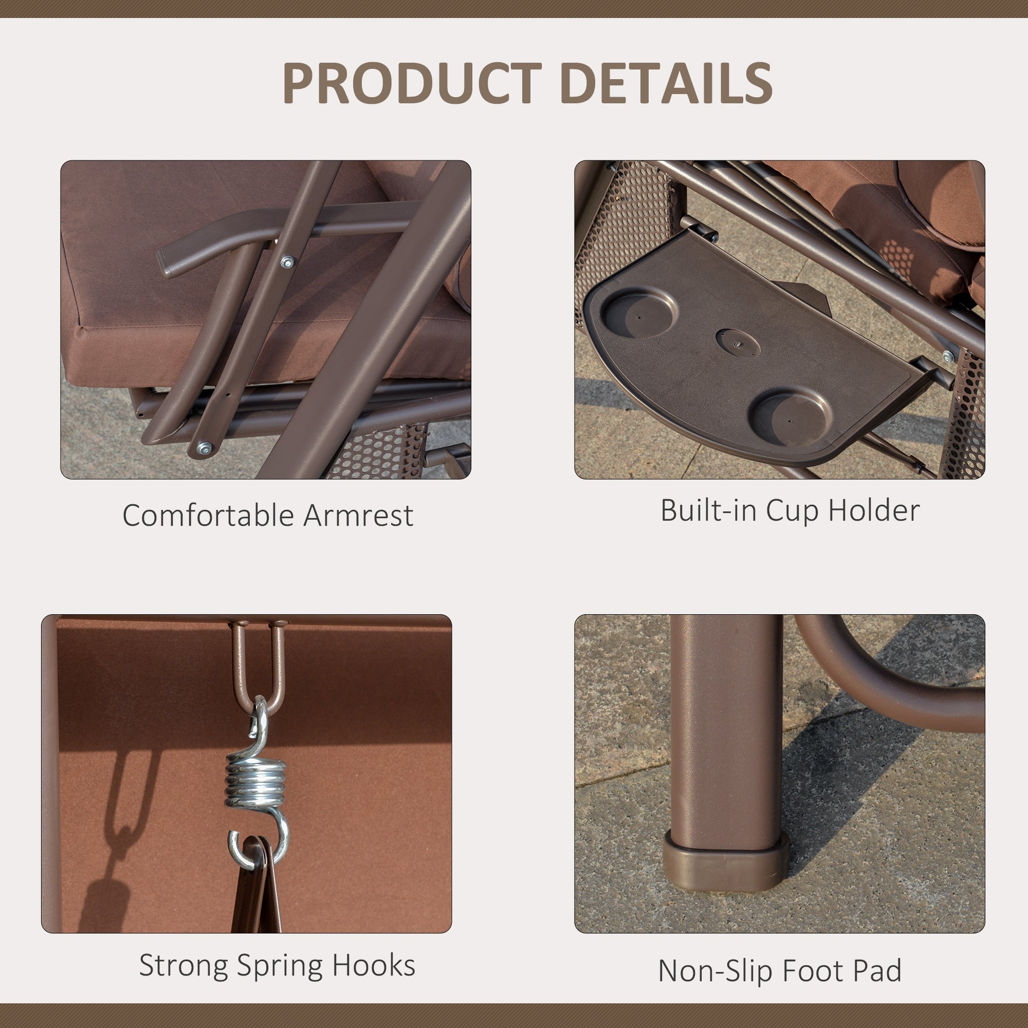 Outsunny Outdoor 2-Person Patio Swing Chair Canopy Adjustable Shade Cushions Pillow Tray Brown