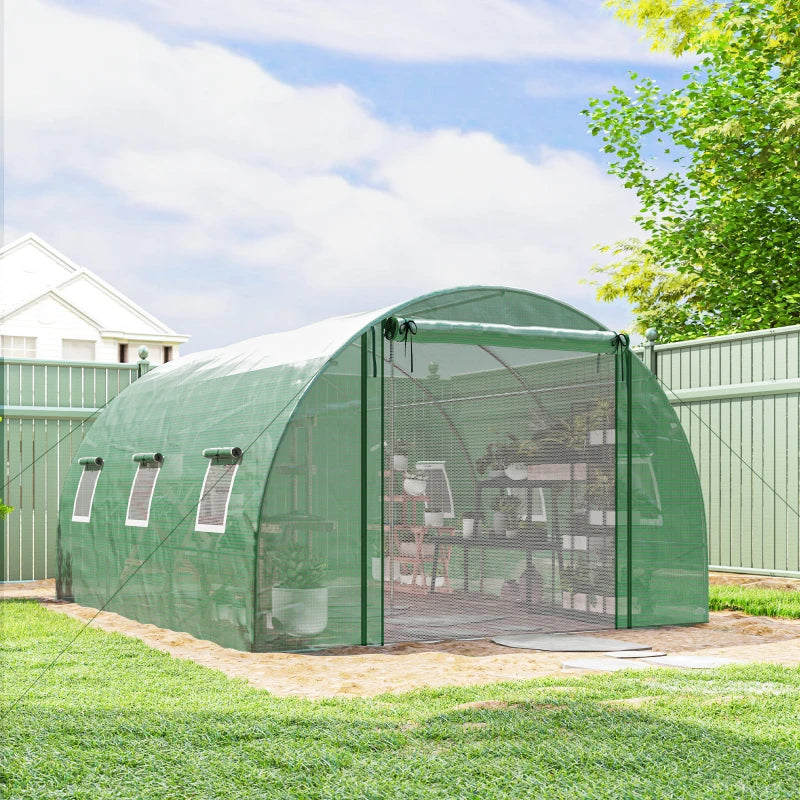 Walk-in Tunnel Greenhouse, Plant Hot House w/ Support Rods, Roll-up Mesh Door, Mesh Windows, 13'x9.8'x6.6', Green