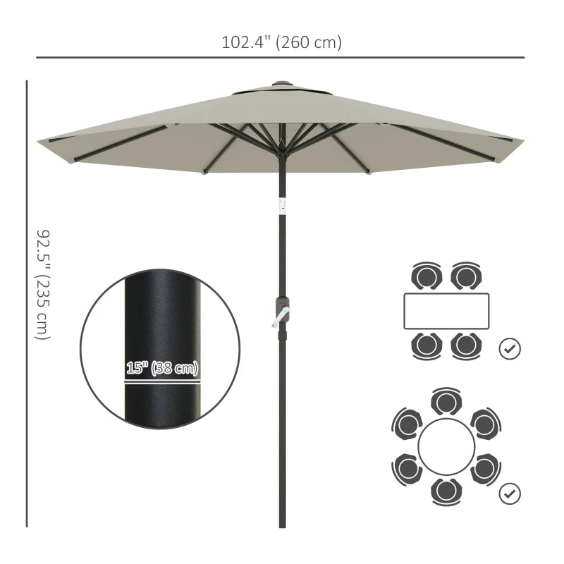 Aluminum Patio Umbrella, Garden Outdoor Parasol, Sun Shelter, 8.5ft, Light Grey