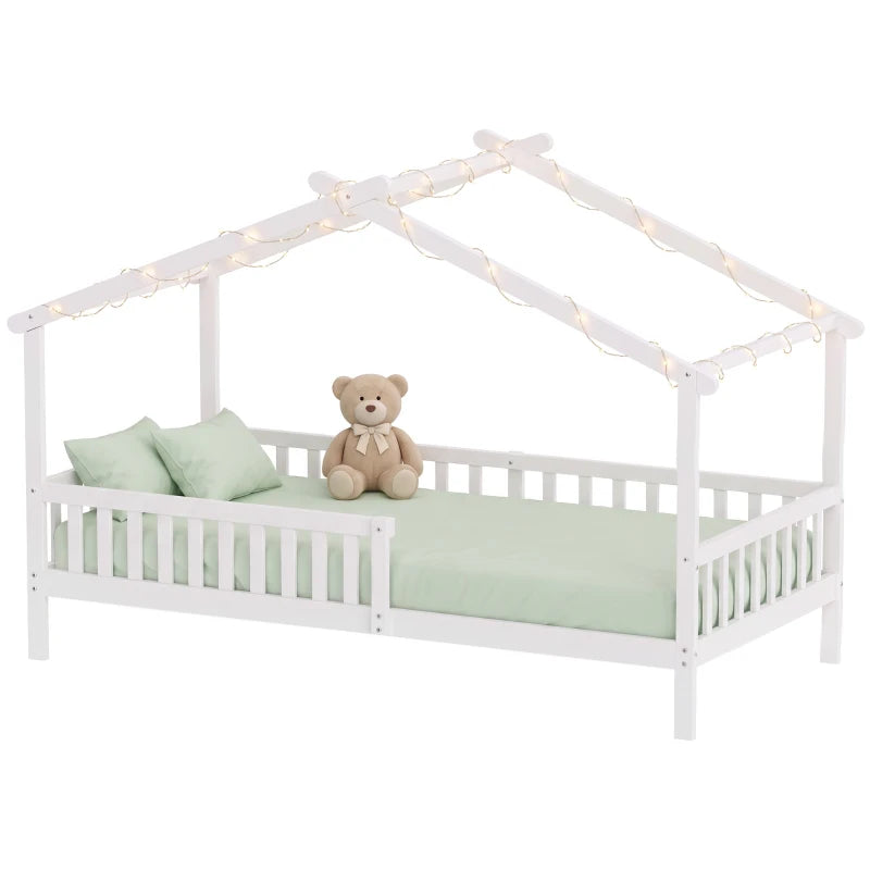 Twin House Bed Frame with Roof, Solid Wood Montessori-Style Kids Bed with Guardrails – White