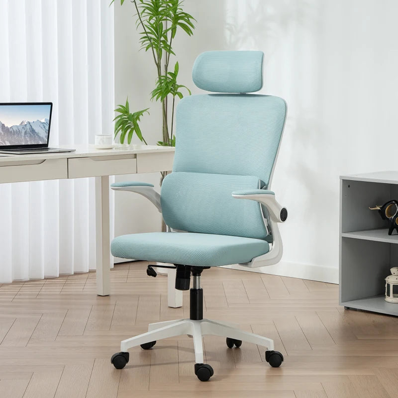 High Back Office Chair, Mesh Computer Chair with Rotatable Headrest, Lumbar Back Support, Adjustable Height, Light Blue