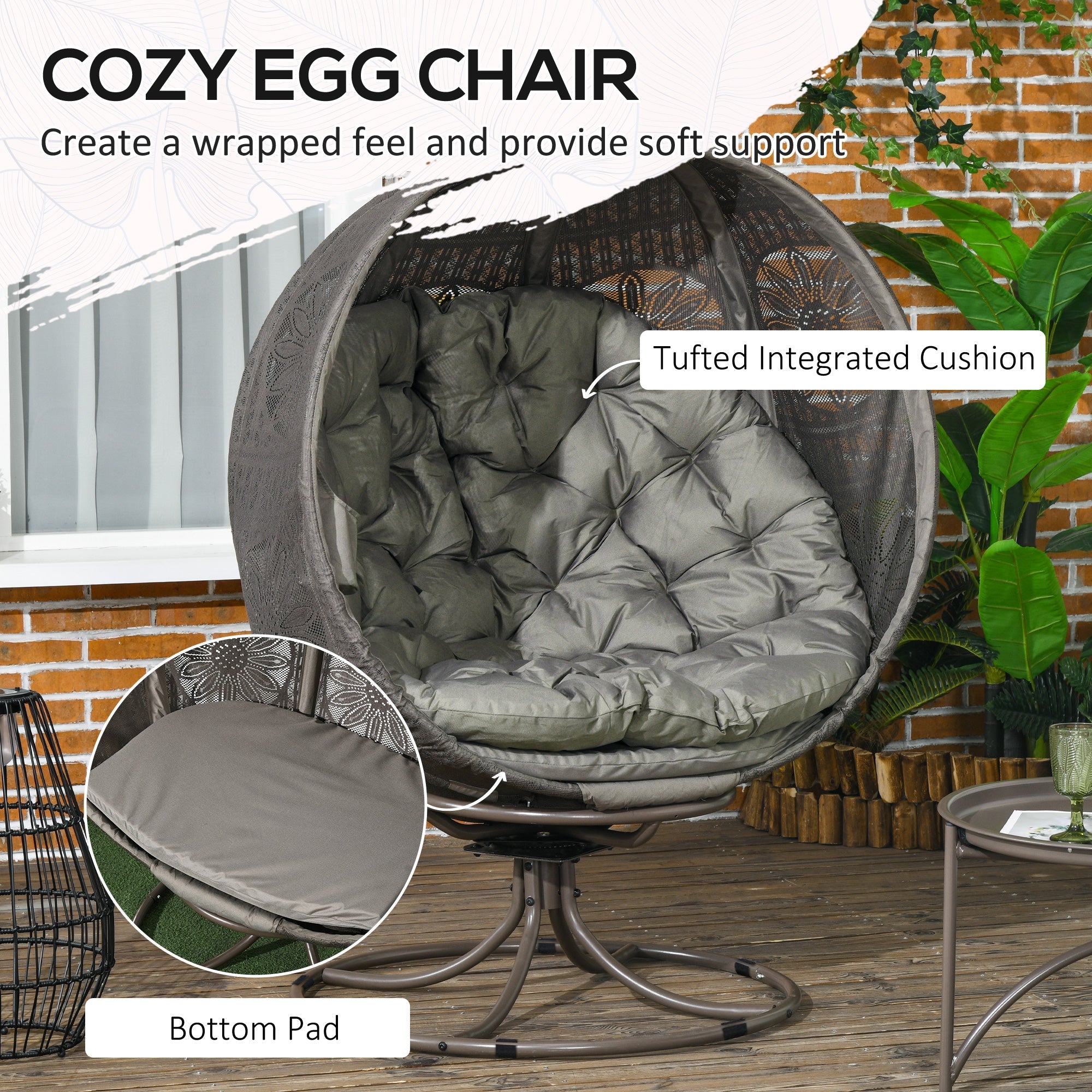 Outsunny Swivel Patio Egg Chair, Foldable Wicker Basket Chair with Large Cushion, Cup Holder, Indoor/Outdoor Use, Sand