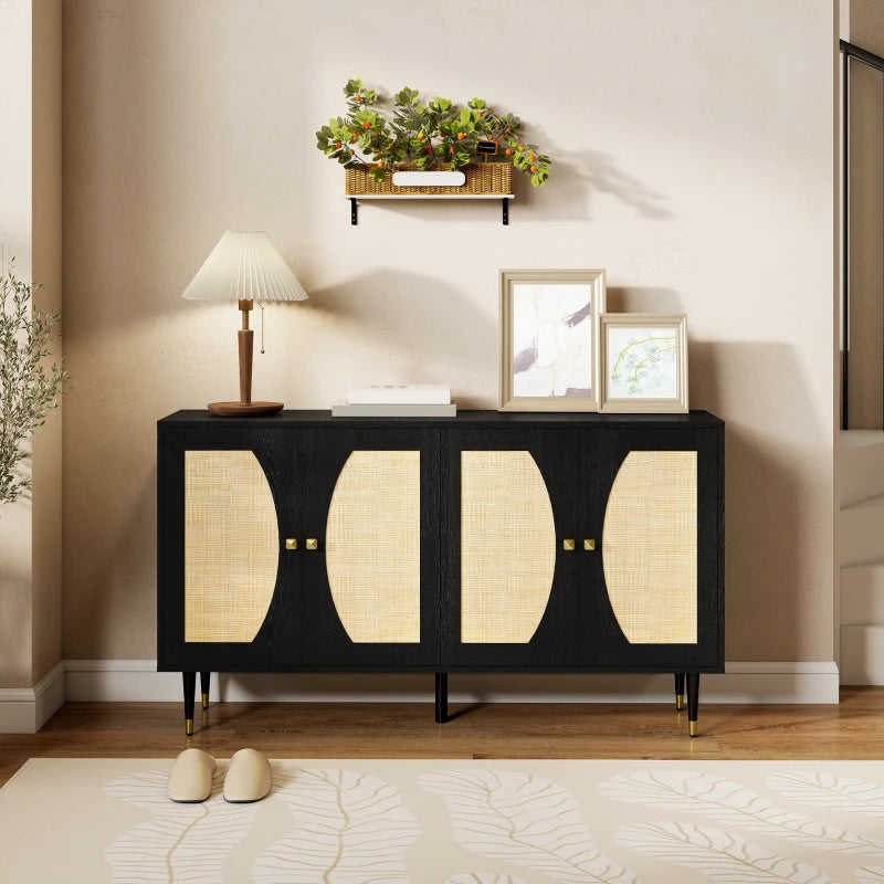 55" Sideboard Buffet Cabinet, Boho Storage Cabinet with Adjustable Shelves, Soft Close Doors and Rattan Front, Black