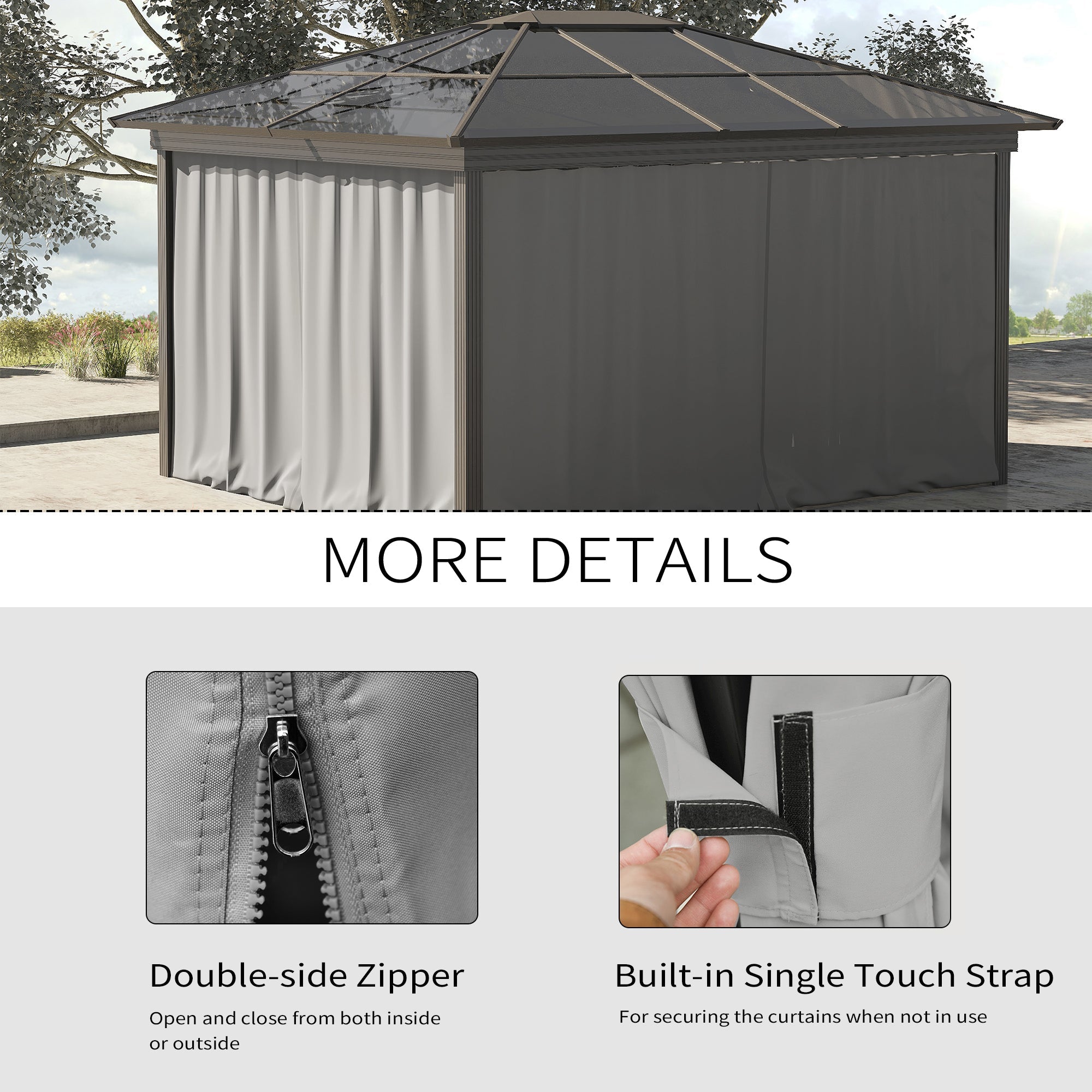 Outsunny Gazebo Curtain 10'x10' Sidewall Set 4 Panels with Hooks Light Grey for Outdoor Shelter