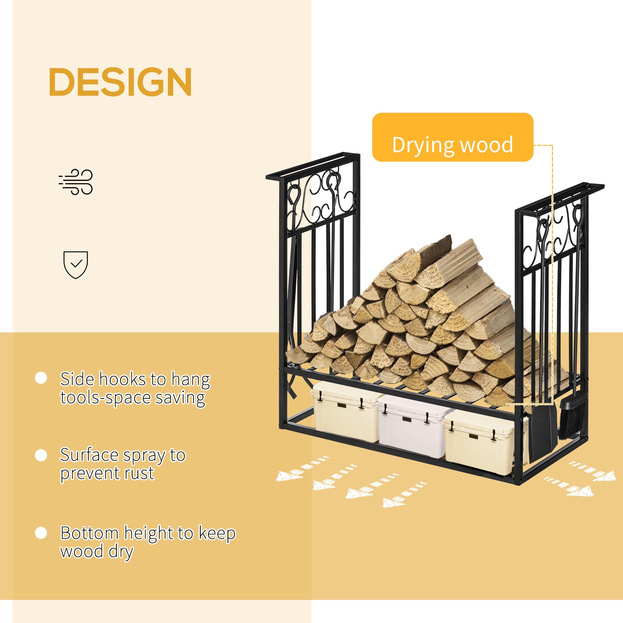 HOMCOM Vintage Firewood Log Rack Heavy Duty Wood Storage Shelf Fireplace Tools Accessories Black Metal