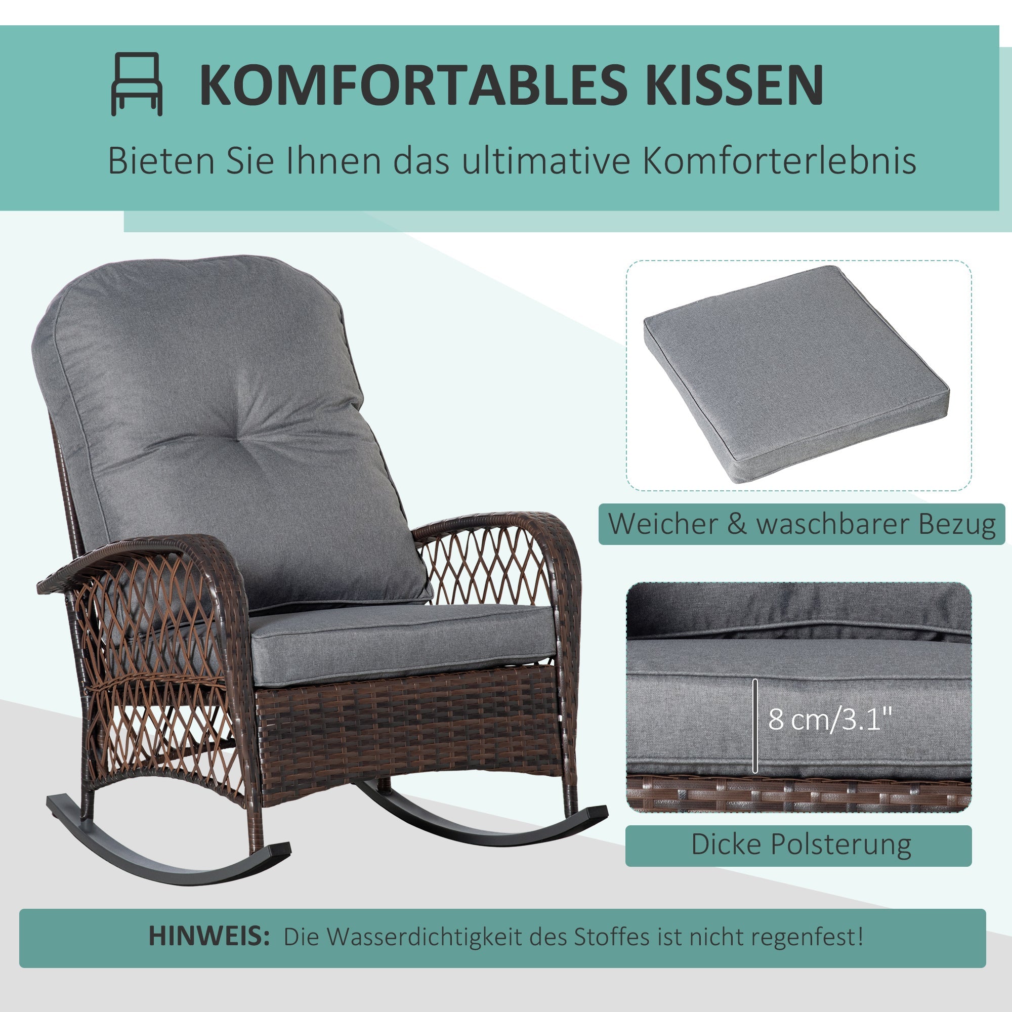 Outsunny Outdoor PE Rattan Rocking Chair, Patio Wicker Recliner Rocker Chair with Soft Cushion, for Garden Backyard Porch, Grey