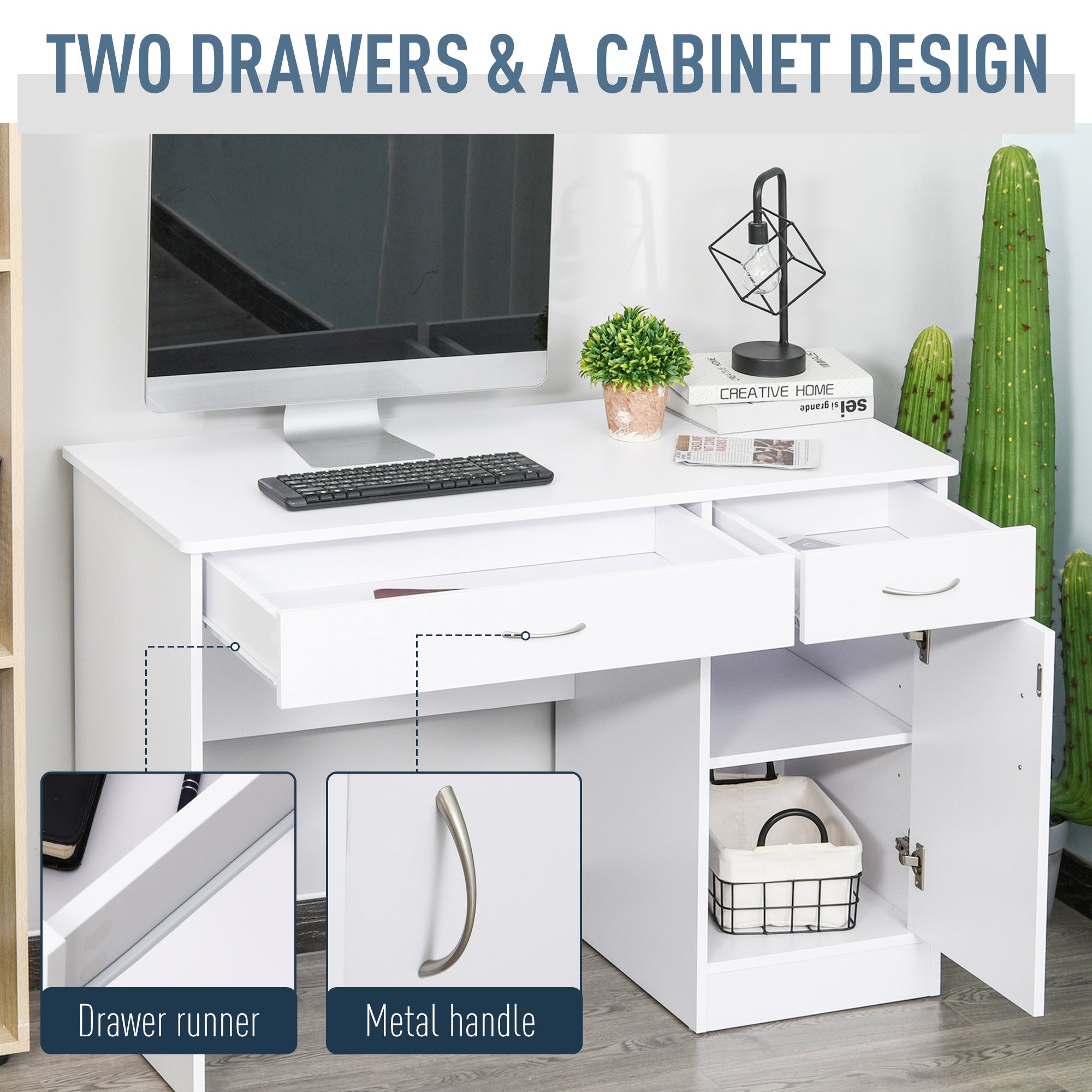 HOMCOM White Writing Desk with Drawers & Locker for Home Office Study Workstation Table