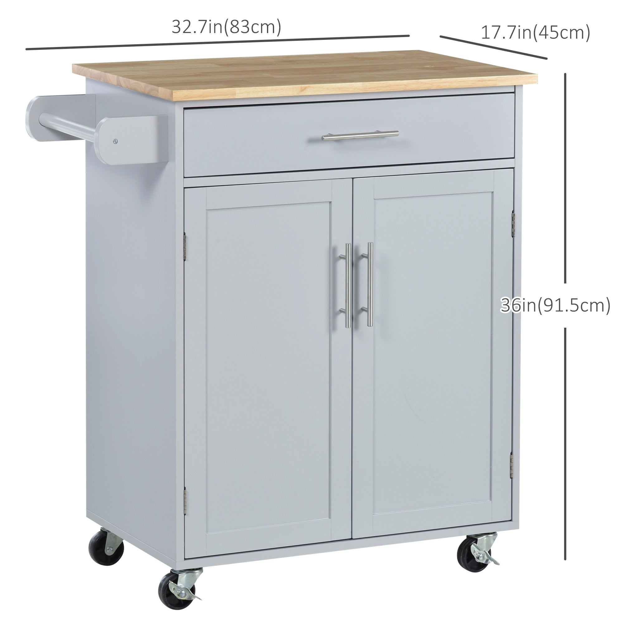 HOMCOM Versatile Kitchen Aide: Rolling Island Cart with Wood Top, Storage Drawer, Towel Bar, Shelves, and Grey Finish