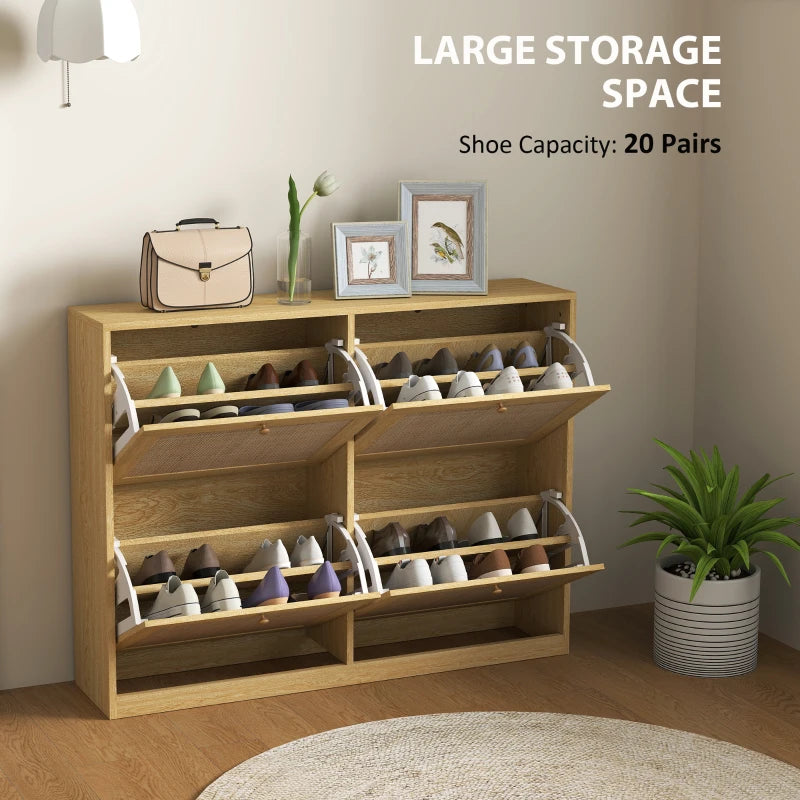Narrow Shoe Storage Cabinet, Rattan Shoe Cabinet with 4 Flip Drawers and Adjustable Shelves for 20 Pairs, Oak