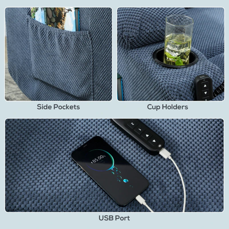 Power Recliner Chair with Massage, Electric Lift Chair for Elderly with Side Pockets, Cup Holders, Remote, Blue