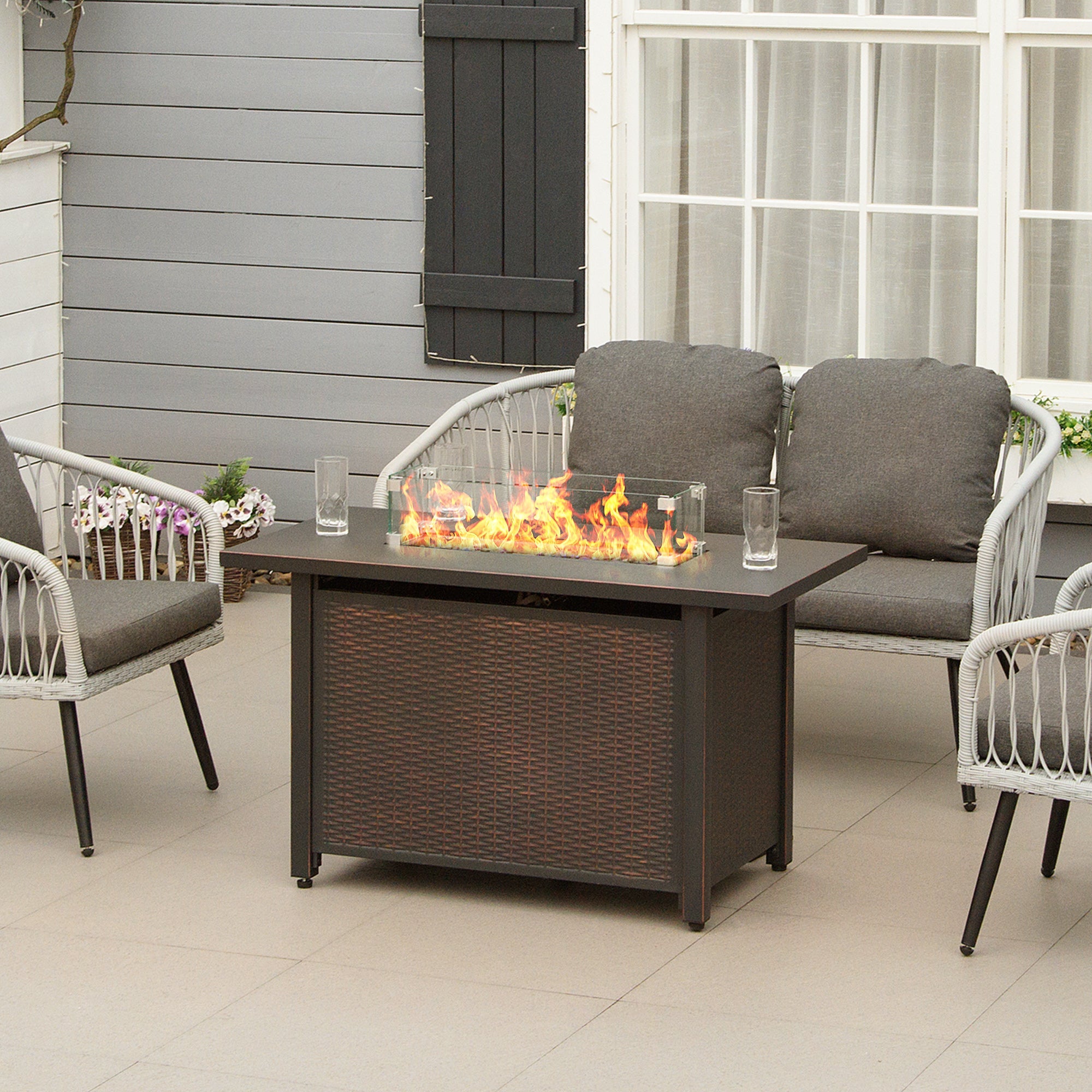 Outsunny 43" Outdoor Propane Gas Fire Pit Table, Wicker Patio Gas Firepit w/ Glass Wind Guard, 50,000 BTU CSA Certified Bronze