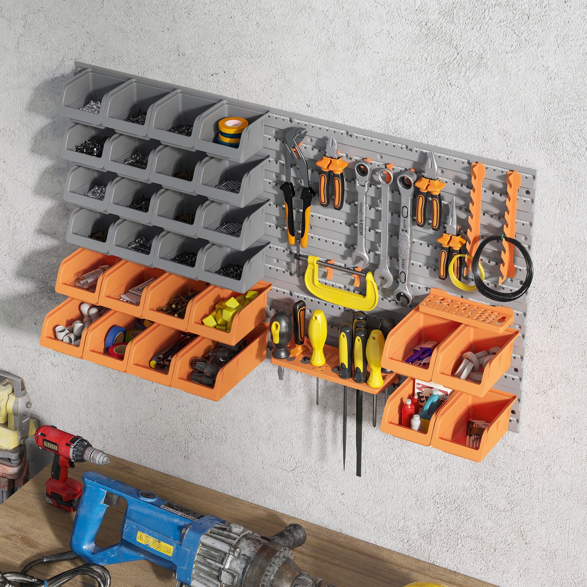 DURHAND Wall-Mounted Organization Marvel: 44PC Storage Rack with Bins, Pegboard Hooks, Organizer for Garage, Orange Finish