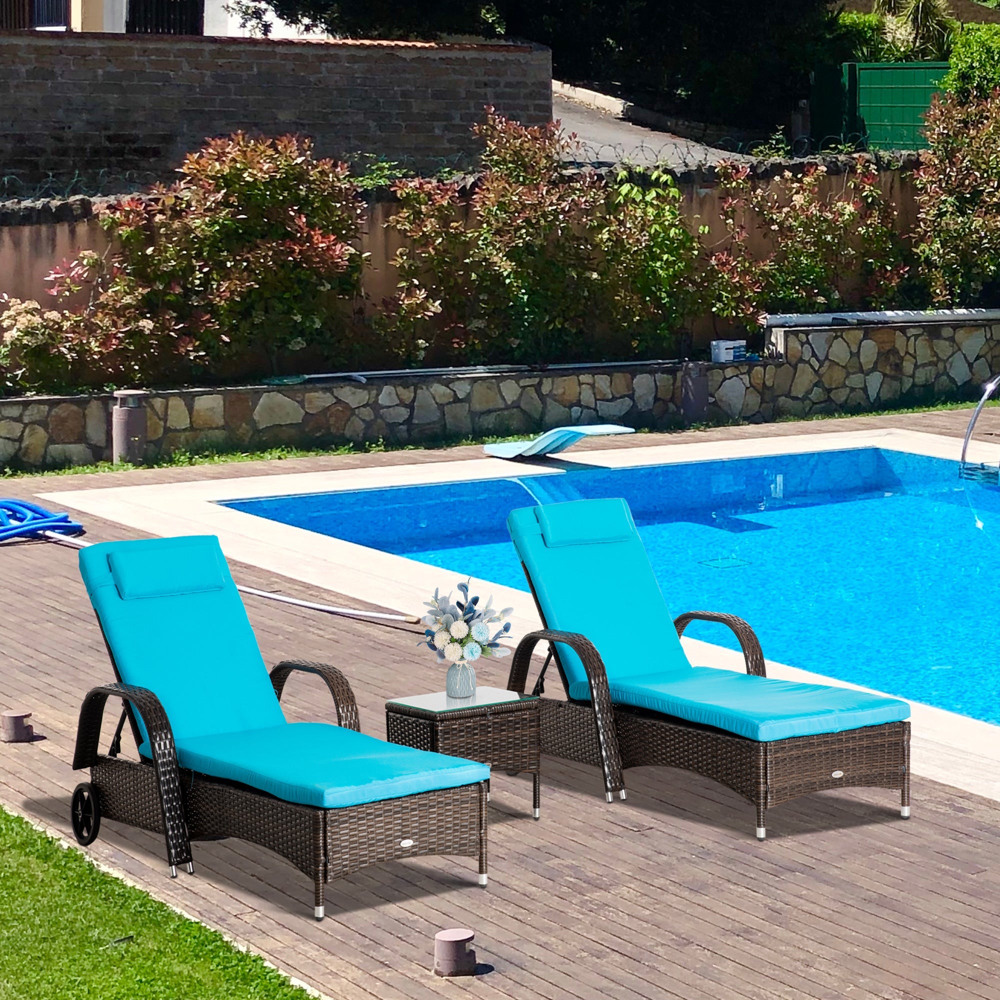 Outsunny 3 Pieces Patio Rattan Lounge Set Wheeled Wicker Chaise Lounge Chair Set Outdoor Reclining Lounger Adjustable Brown Blue