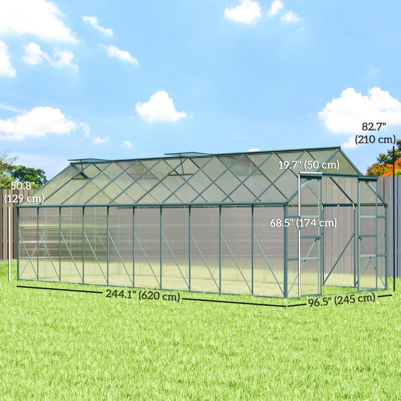 Aluminum Greenhouse Polycarbonate Walk-in Garden Greenhouse with Sliding Door, 20' x 8', Green