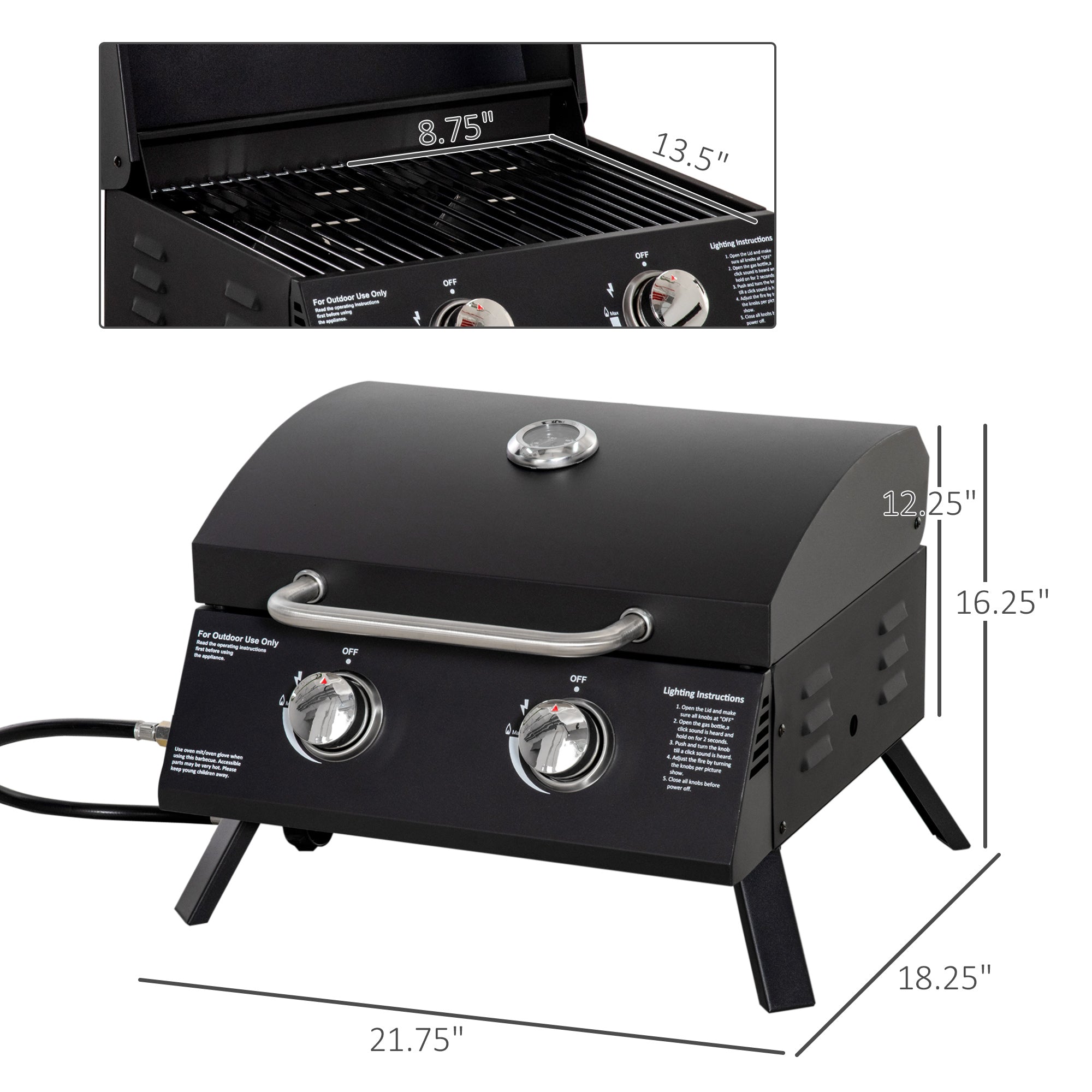 Outsunny 2 Burner Propane Gas Grill Outdoor Portable Tabletop BBQ with Foldable Legs, Black