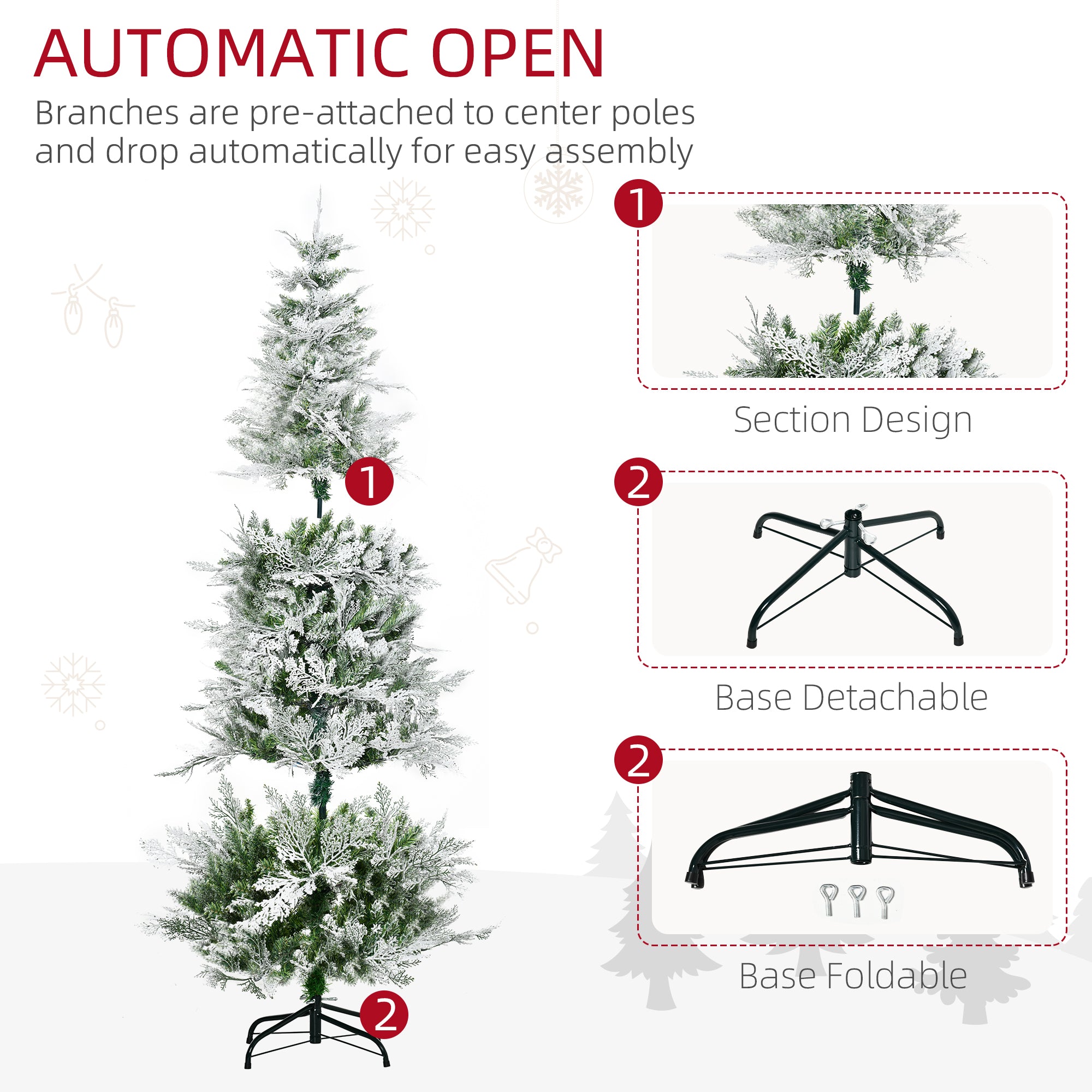 HOMCOM 6 Foot Pencil Snow Flocked Artificial Christmas Tree with 517 Realistic Cypress Branches, Auto Open, Green