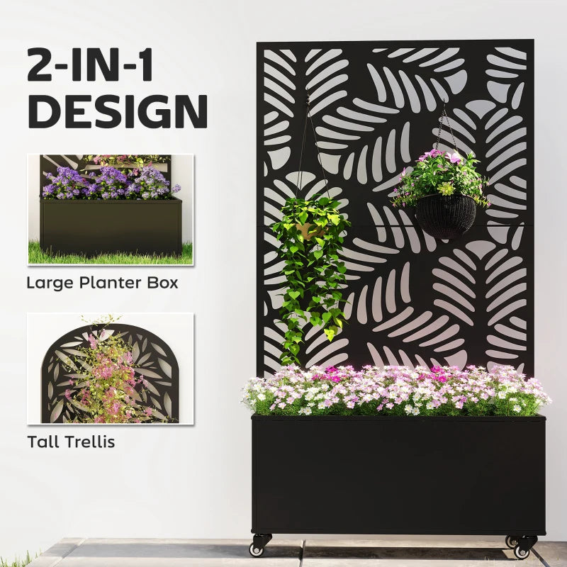 Metal Planter Box with Trellis, Raised Garden Bed with Monstera Leaf Cut-Out Privacy Screen and Wheels