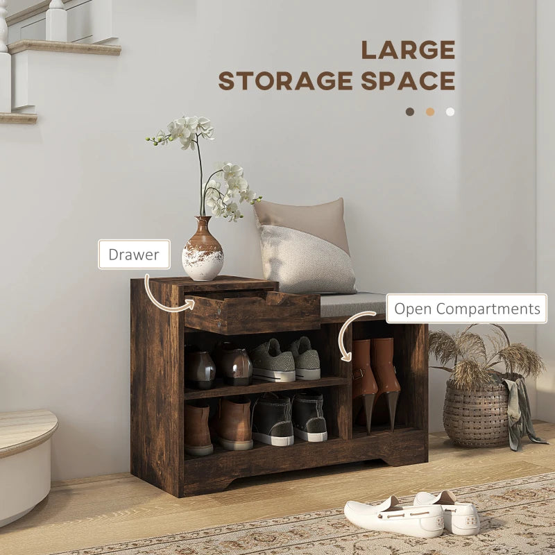 Upholstered Shoe Storage Bench, Hallway Shoe Storage with Seat, Drawer, 3 Open Shelves for Entryway, Rustic Brown