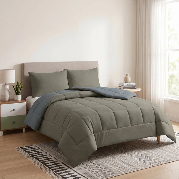 3-Piece Solid Reversible Comforter Set, Double/Queen, Thyme Green
