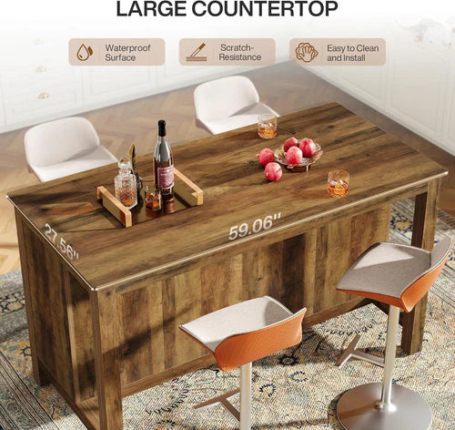 Bar Table 59" Counter Height Pub Table with 3-Tier Storage Shelves for Home Bar Kitchen Dining Room Rustic Brown