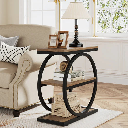 End Table 3-Tier Industrial Sofa Side Table with Round Metal Frame Storage Shelves for Living Room Bedroom Rustic Finish