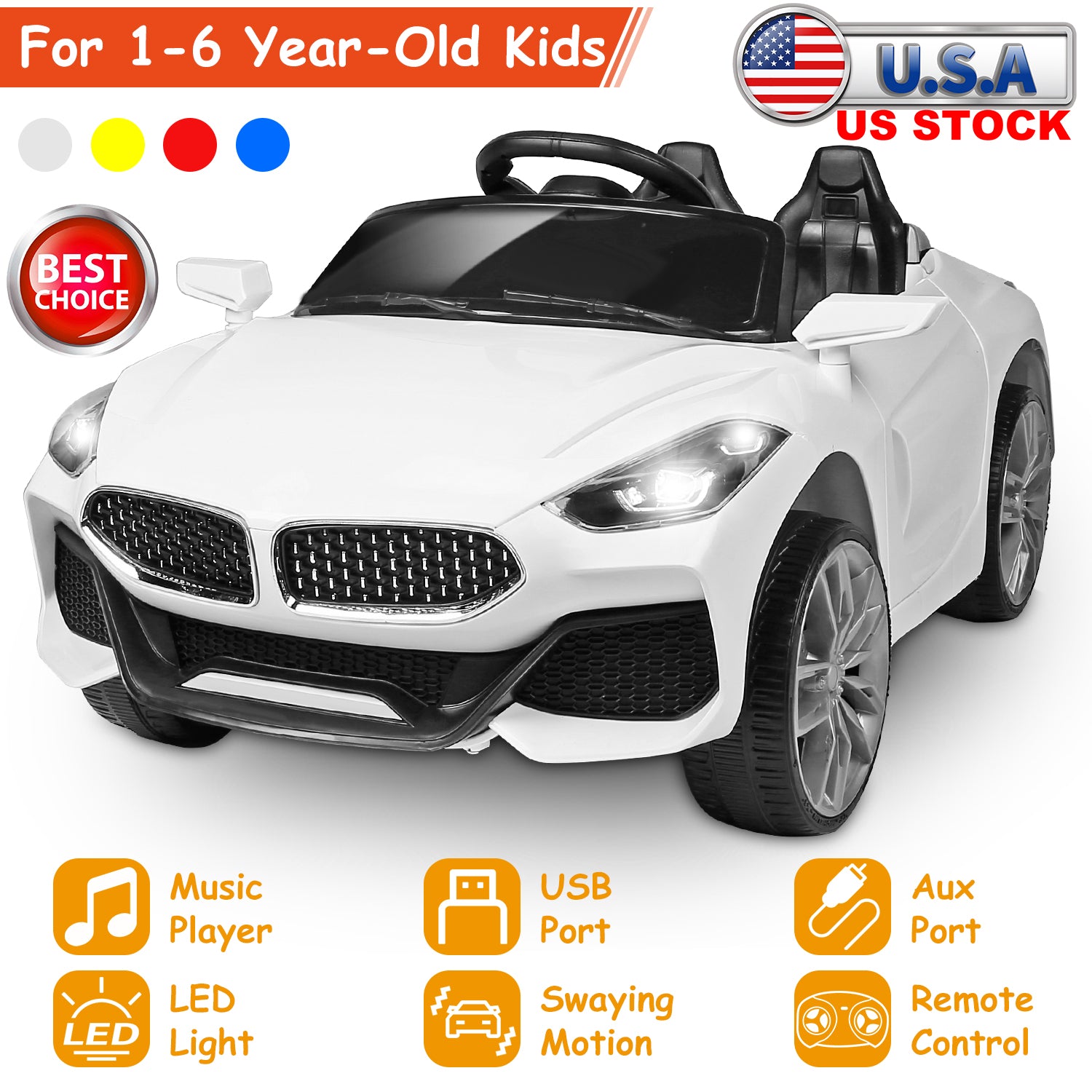 12V Electric Kids Ride-On Car w/ Parental Remote Control Music Horn LED Lights Swaying Function 3 Speeds For Kids Aged 1-6 Years