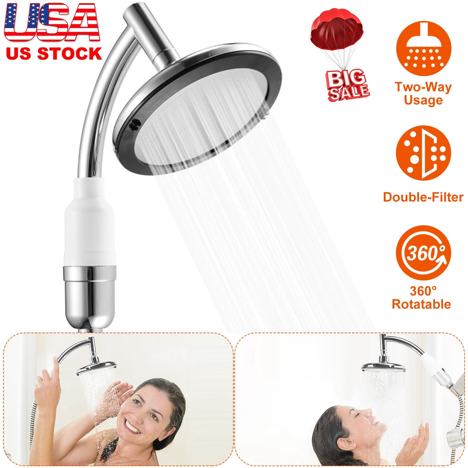 5.5In High Pressure Shower Head Stainless Steel Powerful Energy Bath Heads Water Saving 360° Rotating Round Showerhead