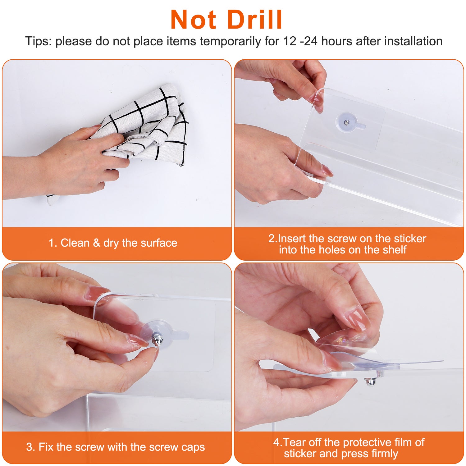 4 Pack 15In Clear Acrylic Floating Shelves Bookshelves with 2 Mounting Ways Wall Mounted Organizer for Kitchen Bathroom Study Living Room Bedroom Offi