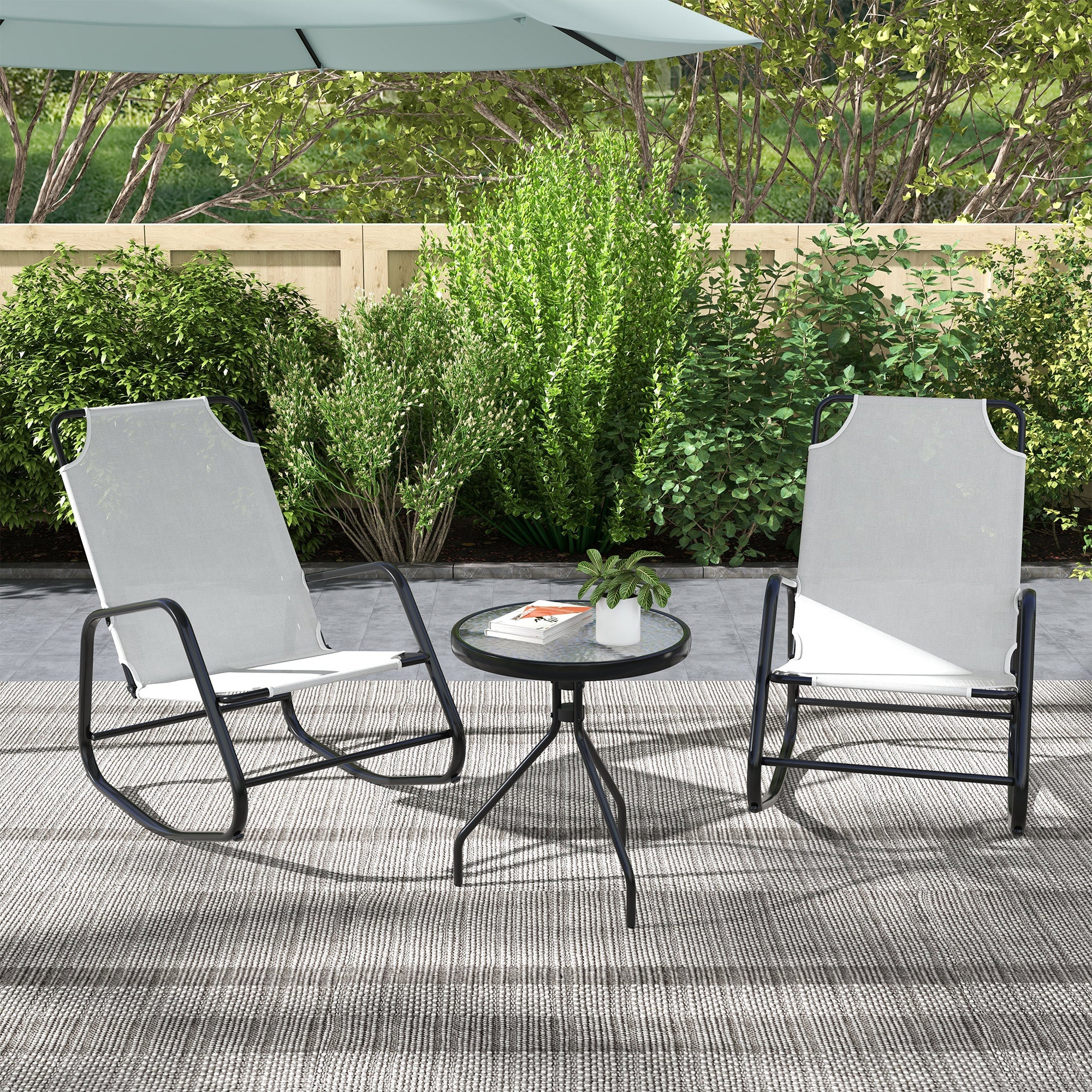 Outsunny Patio Rocking Chairs Set of 2, 3 Pieces Patio Bistro Set with Metal Frmae, Breathable Mesh Fabric Seat for Garden, Deck, White