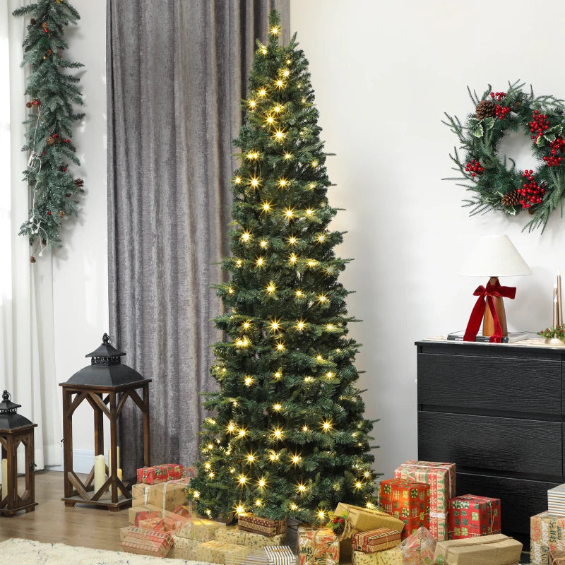 HOMCOM 7FT Prelit Pop Up Artificial Christmas Tree, Collapsible Green Xmas Tree with Warm White LED Lights and Metal Stand