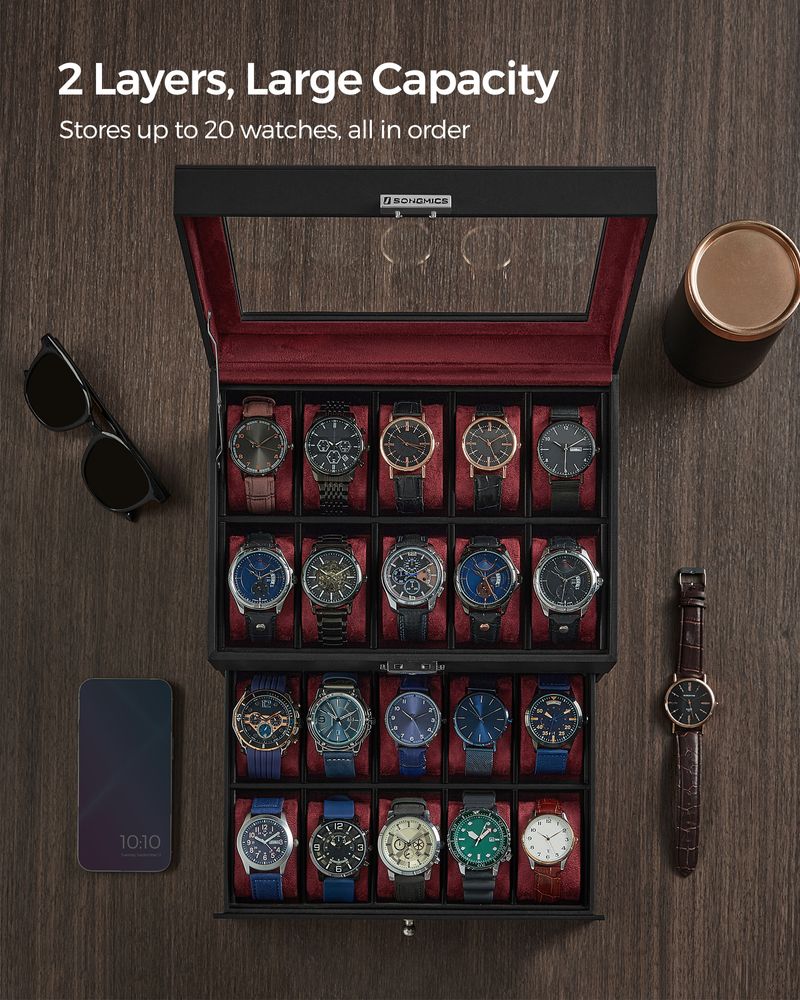 SONGMICS 16 & 20-Slot Watch Box with Glass Lid